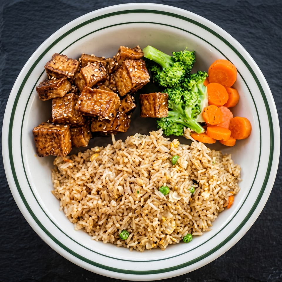 A bowl of sesame tofu, fried rice, steamed broccoli, and sliced carrots on a dark surface.