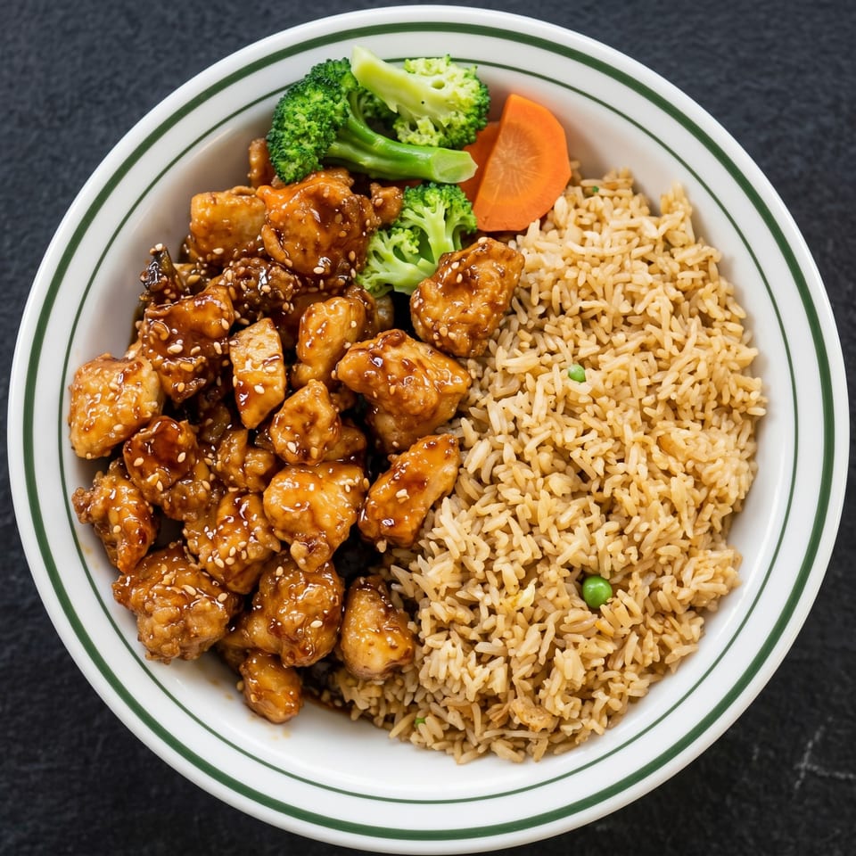A white bowl with green stripes filled with sesame chicken, fried rice, broccoli, and carrots.