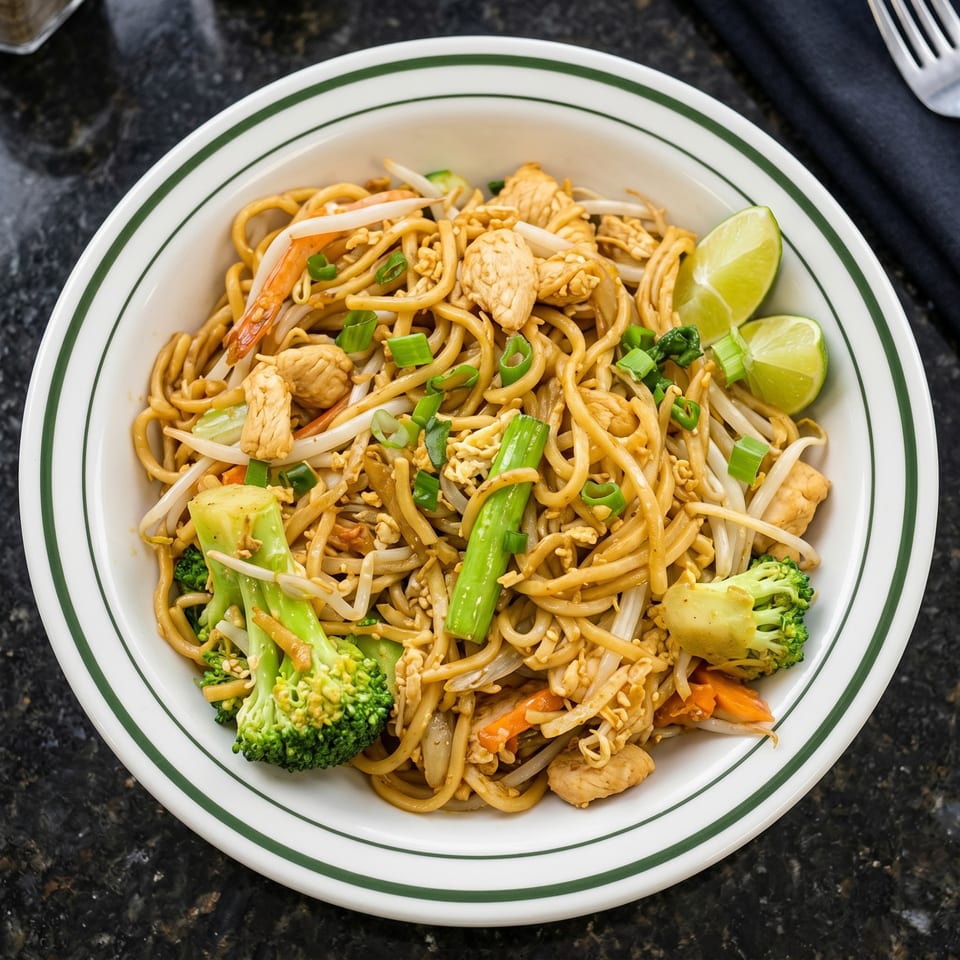 A white bowl with green stripes filled with chicken lo mein, broccoli, and lime wedges.