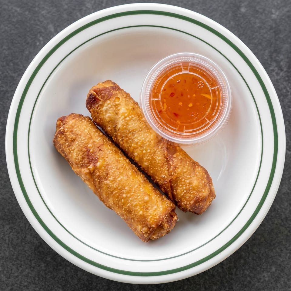 Two crispy golden egg rolls with a side of sweet chili dipping sauce on a white plate.