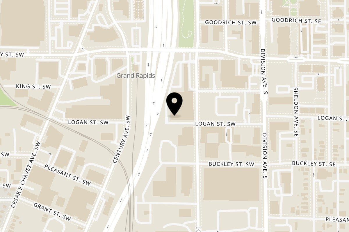 Map showing the location of Myanmar Meals on 435 Ionia Ave SW A109 in Grand Rapids